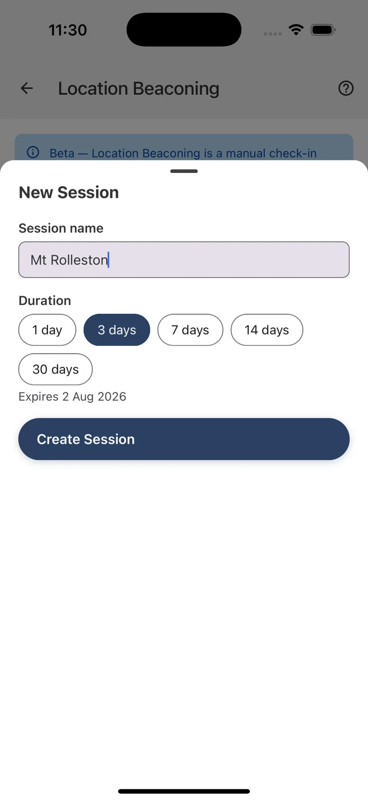 Creating a new beaconing session with a name and duration
