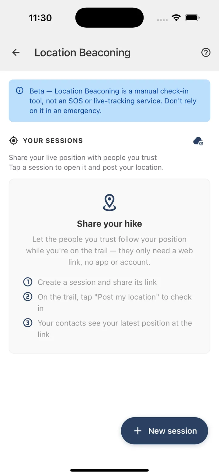 Location Beaconing home screen in the TrailTreks app