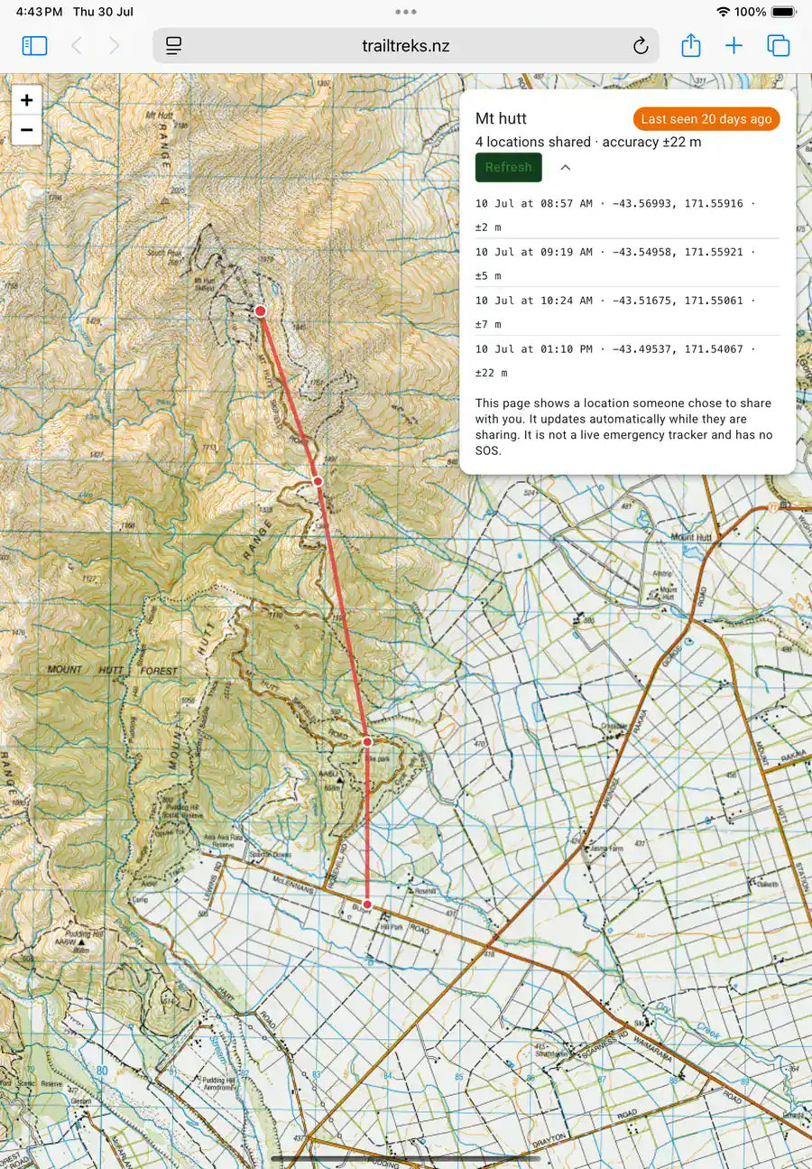 The shared web page showing a hiker's posted locations on an NZ topo map
