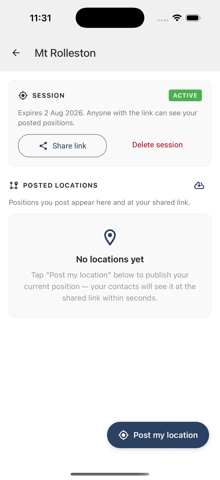 Session detail screen with the Post my location button