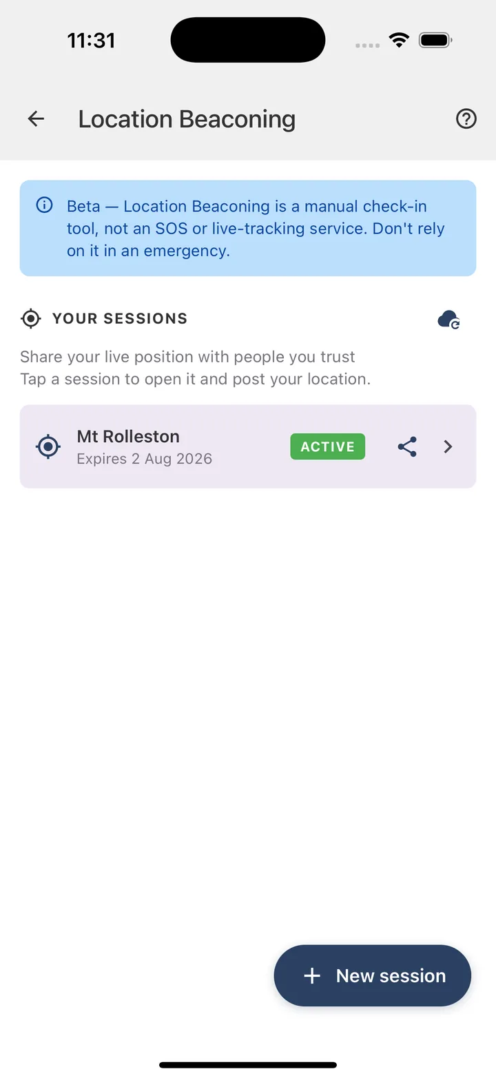 The sessions list showing an active Mt Rolleston session