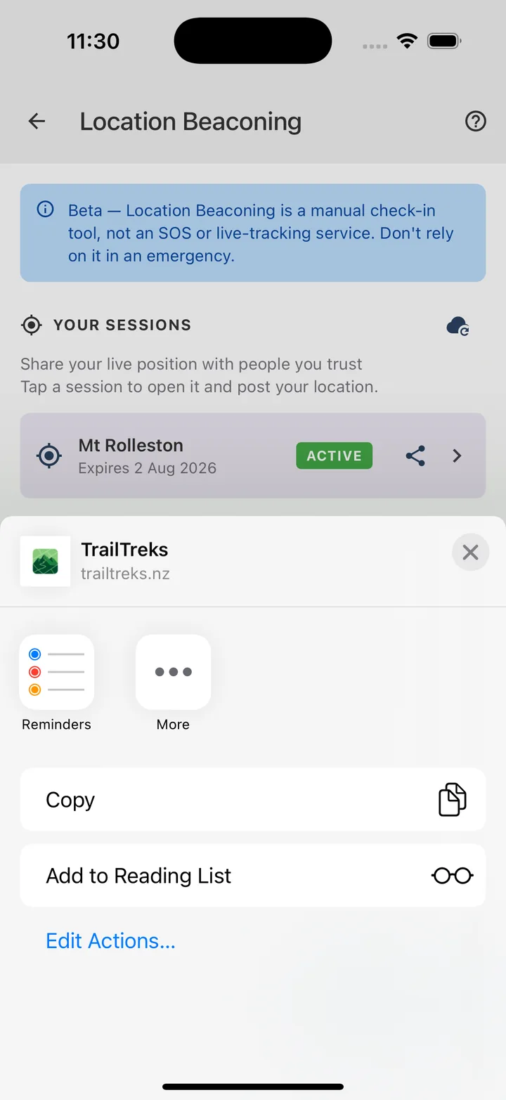 Sharing the session link via the phone share sheet